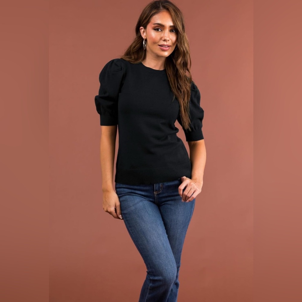 Fashion Puff Short Sleeve Sweater 2024 Casual Crew/V-neck Knit Pullover Blouse